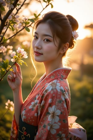 A serene Japanese woman, draped in a stunning kimono, stands majestically against a subtle gradient sunset. Soft, warm lighting casts a gentle glow on her delicate features and the intricate patterns of her traditional garment. Framed by lush greenery, she poses with elegant poise, one hand delicately holding a cherry blossom branch as the camera captures her in a cinematic close-up.