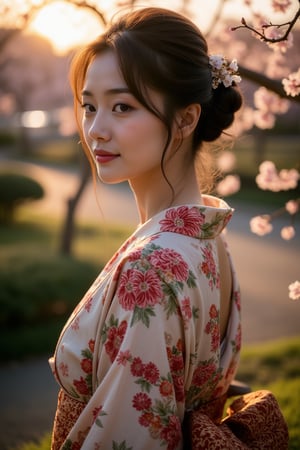 A serene Japanese garden at dusk, soft golden light casting long shadows. A stunning woman in a intricately designed kimono, her raven hair styled with delicate pins, stands amidst blooming cherry blossoms. She gazes wistfully into the distance, a gentle breeze rustling her silken robes. The camera pans down to reveal the intricate design of her kimono, as if frozen in time.