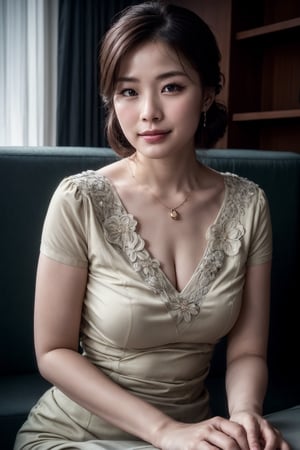 (Best quality, 8k, 32k, Masterpiece, Photorealistic, UHD:1.2),(lifelike rendering), Photo of a Beautiful Japanese woman, 1girl, 24yo, (medium brown updo hair), oval face, double eyelids, highly detailed glossy eyes, glossy full lips, detailed facial, natural round large breasts, narrow waist, nice hands, slender curves body, pale skin, detailed skin texture, necklace, (translucent grey) short-sleeves flowey lace dress, soft lighting living room, charming smile face, smile, look at camera, detailed facial, detailed hair, detailed fabric rendering, (low key, dark theme:1.2),jq