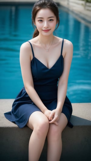 a young Asian woman is seated on a concrete wall, her legs crossed in front of her. She is wearing a deep blue sleeveless dress, adorned with a necklace. Her hair is pulled back in a ponytail, adding a touch of movement to her face. The backdrop is a vibrant shade of blue, with a pool of water in the background. The lighting is subdued, creating a soft focus on the scene.