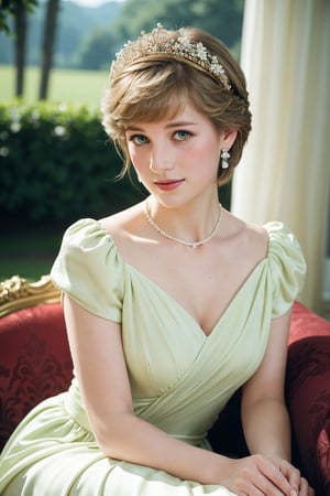 A majestic portrait of Princess Diana: a soft focus frame captures her warm smile as she gazes directly into the camera lens. Golden lighting illuminates her porcelain skin and highlights the delicate features of her face. A subtle bokeh effect surrounds her, with soft out-of-focus hints of a lush green landscape behind. She sits regally on a velvet-draped throne, one hand gently resting on the armrest as the other cradles a small bouquet of white flowers. The overall tone is ethereal and whimsical, evoking a sense of timeless elegance.