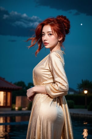 A woman with fiery red locks stands majestically outdoors at dusk, bathed in the soft, silvery glow of moonlight. Her porcelain complexion glows with a subtle luminescence as her updo hair is gently tousled by the evening breeze. With a confident stride and a hint of mischief playing on her lips, she commands attention under the star-studded night sky, her allure and mystery captivating the viewer's gaze.