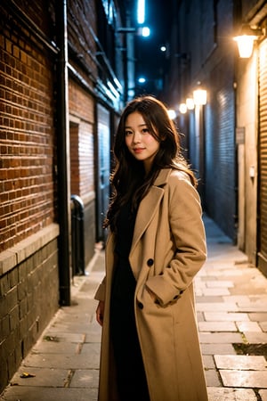 A solo figure of a woman standing in a dimly lit alleyway at dusk, her long coat flowing around her as she gazes out into the distance. The warm glow of nearby streetlights casts a golden hue on her features, highlighting her determined expression. Her figure is framed by the urban architecture, with worn brick walls and rusty metal grates creating a sense of gritty realism.