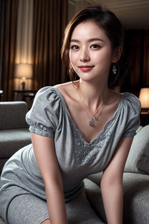 (Best quality, 8k, 32k, Masterpiece, Photorealistic, UHD:1.2),(lifelike rendering), Photo of a Beautiful Korean woman, 1girl, 24yo, (medium brown updo hair), oval face, double eyelids, highly detailed glossy eyes, glossy full lips, detailed facial, natural round large breasts, slender legs, slender curves body, detailed skin texture, necklace, (translucent grey) short-sleeves flowey dress, soft lighting living room, charming smile face, smile, detailed facial, detailed hair, detailed fabric rendering, (low key, dark theme:1.2),k0rean