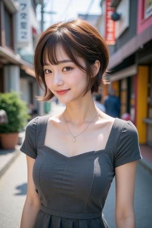 A stunning Japanese woman, 24 years old, poses outdoors amidst a vibrant street scene. Her short brown hair is styled effortlessly, framing her expressive eyes and detailed facial features. A charming smile plays on her lips as she wears a short-sleeve dress with a tiny thunderbolt sign charm necklace. Pale skin glows under the bright sunlight, showcasing lifelike rendering. She stands confidently, surrounded by urban textures and architectural details, with a modern street style outfit that complements her slender, busty physique.