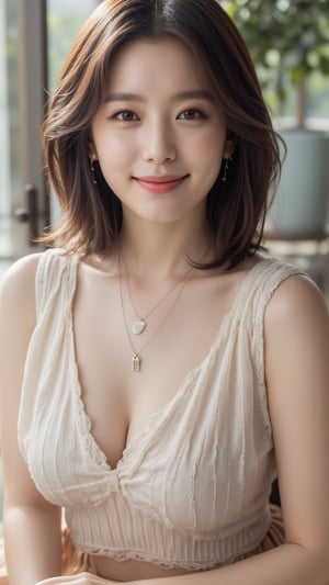 A young Beautiful Korean woman, short brown hair, daily outfit, charming smile face to camera