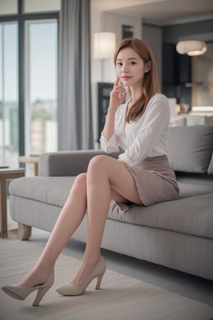 a beautiful young korean woman posing in a stylish and casual outfit against a modern living room background. She is wearing skirt that accentuate her slender legs, paired with sleeveless shirt, completes her outfit with stiletto mules, which add elegance to her casual look. She sitting on couch and gazing at camera, charming smile face, striking a confident and allure's pose, detailed, sharp outlines, lights and shadows, contrast, sharp focus 