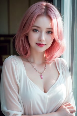 (Best quality, 8k, 32k, Masterpiece, Photorealistic, high contrast, UHD:1.2), 1girl, solo, medium pink hair, perfect makeup, lipstick, perfect figure, translucent pale skin, necklace, slightly translucent white blouse, jewelry, charming face, cute smile, eyes at camera, amazing composition, highly details, cinematic, realistic fabric rendering,