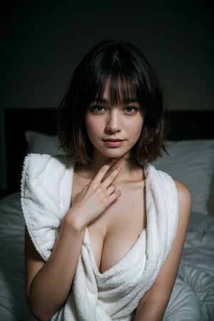 (Best quality, 8k, 32k, raw photo, photorealistic, UHD:1.2),lifelike rendering, (upper body portrait:1.2), 1girl, 24yo, stunning, (short hair), double eyelids, detailed facial, perfect round medium breasts, nice hands, (pale skin:1.2), (dark bedroom:1.3), pillows, bed, sharp focus, sexy face, expressive eyes, smile, (hands blocking on tits), look at camera, detailed facial, (chest focus:1.2), messy hair, naked body wrapped by huge bath towel, (white cotton thick bath towel:1.2), cleavage, detailed fabric rendering, (low key, dark theme, in the dark:1.3),epiC35mm,