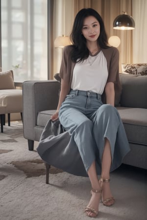 The image features a beautiful young korean woman posing in a stylish and casual outfit against a modern living room background. She is wearing skinny jeans that accentuate her slender legs, paired with sleeveless shirt, completes her outfit with sequined stiletto sandals, which add elegance to her casual look. She sitting on couch and gazing at camera, charming smile face, striking a confident and allure's pose, realistic, detailed, lights and shadows, contrast, sharp focus 