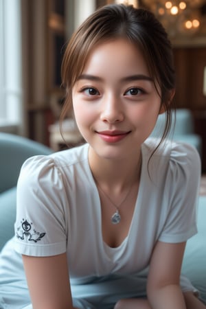 A Beautiful Young Korean woman, oval-face, short brown hair, double eyelids, beautiful face, perfect body, daily outfit, stilettos sandals, sharp focus, sexy face, charming smile, face to camera, photorealistic, highly details 