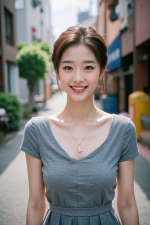 A stunning Japanese woman, 24 years old, poses outdoors amidst a vibrant street scene. Her short brown hair is styled effortlessly, framing her expressive eyes and detailed facial features. A charming smile plays on her lips as she wears a short-sleeve dress with a tiny thunderbolt sign charm necklace. Pale skin glows under the bright sunlight, showcasing lifelike rendering. She stands confidently, surrounded by urban textures and architectural details, with a modern street style outfit that complements her slender, busty physique.