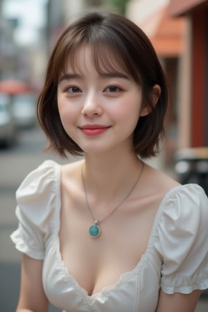 A beautiful Japanese woman, 24 years old, short brown hair, expressive eyes, detailed face, charming smile, slender busty body, pale skin, street style outfit, short-sleeve dress, posing outdoors in a bright, street snap, highly details, Photorealistic, cinematic,