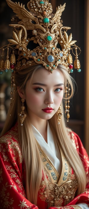 A stunning (Asian woman), wearing an opulent ancient Chinese empress costume,Her Slavic features, blue eyes and fair skin, contrast beautifully with the ornate Chinese attire, Elaborate headdress adorned with gold filigree, jade beads, and hanging pearls, Intricate phoenix crown with delicate golden leaves and gemstones,Layered silk robes in rich red and gold, embroidered with dragons and auspicious symbols, Wide, flowing sleeves with detailed embroidery, Ornate collar piece studded with precious stones,Long blonde hair partially visible beneath the headdress,Beautiful woman,Photorealistic, cinematic 