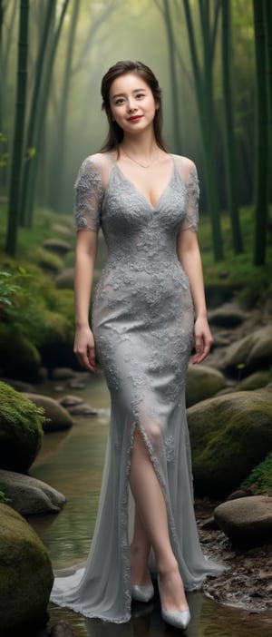 Photo of a Beautiful Korean woman, 24yo, stunning, (medium-short dark brown hair), double eyelids, detailed facial, daily makeup, lipstick, natural round medium-large breasts, slender legs, curvaceous figure, (pale skin), detailed skin texture, necklace, translucent ornate embroidered short-sleeves grey dress, haute couture, frosted silver stilettos. (Zen Garden), bamboo forest, mosses stone, mosses everywhere, stream, (tyndall effect, light rays), sharp focus, (charming smile face), (smile), look at camera, fashion model like posing for photo, detailed facial, detailed skin texture, detailed hair, detailed fabric rendering, detailed background