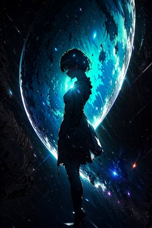 (view from above),masterpiece, best quality, ultra high res, (abstract art:1.3), (dark theme:1.2), art, stylized, deep shadow, dark theme, 1girl, cosmic dress, cosmic beauty, in space, nebula,EpicSky,hourglass body shape,	 SILHOUETTE LIGHT PARTICLES,ninjascroll,EpicArt,xyzabcplanets