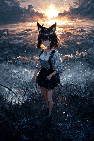 The sky ina beautiful way with clouds and light, high contrast, 1girl, standing back to the viewer, ahoge, black hair, animal ears, small breasts, {{{{{crossed legs}}}}}, {{{{{{{{standing}}}}}}}}, atmospheric perspective, RAW, photorealistic, realistic, post-processing, max detail, roughness, real life, ultra realistic, photorealism, photography, golden hours, 8k uhd,greg rutkowski,Landskaper,blurry_light_background