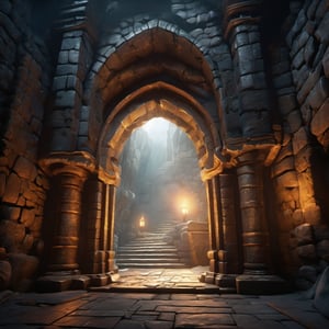 Digital illustration in the style of fantasy game, underground mist dungeon in the deep mountain.  Medival gate without doors

300 DPI, HD, 8K, Best Perspective, Best Lighting, Best Composition, Good Posture, High Resolution, High Quality, 4K Render, Highly Denoised, Clear distinction between object , Masterpiece, ,Architectural100