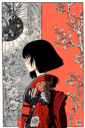 1girl,  solo,  black hair,  red eyes,  japanese clothes,  letterboxed,  kimono,  profile,  floral print,  from side,   <oniNFT-block:1,  , nijilorawolf, ,monochrome,ink,midjourney,cartoon