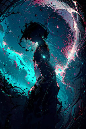 (view from above),masterpiece, best quality, ultra high res, (abstract art:1.3), (dark theme:1.2), art, stylized, deep shadow, dark theme, 1girl, cosmic dress, cosmic beauty, in space, nebula,EpicSky,hourglass body shape,	 SILHOUETTE LIGHT PARTICLES,ninjascroll,EpicArt,xyzabcplanets