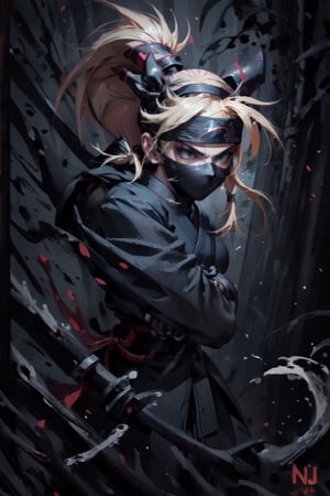 1girl, (Ninja:1.4), [[detailed]], full HD, HDR_soft, open field, 9k, blonde_hair, custom_detailed_clothing-(Ninja),star butterfly,BJ_Oil_painting, +Dark theme ninja_Dragon+