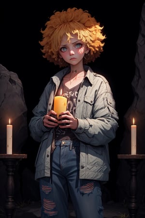 blad4,photograph of a woman, (troubled facial expression), textured skin, goosebumps, blonde afro hair, plaid flannel shirt with distressed boyfriend jeans, cowboy shot, dark and mysterious cave with unique rock formations and hidden wonders, perfect eyes, (candlelight,chiaroscuro), Porta 160 color, shot on ARRI ALEXA 65, bokeh, sharp focus on subject, shot by Don McCullin