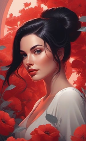 a painting of a woman surrounded by flowers, digital art, by Marek Okon, martin ansin artwork portrait, red colored, very beautiful girl, girl with black hair, cute detailed digital art, shades of red, beautiful avatar pictures, graphic artist magali villeneuve, classy, delicate, voluptuous, graceful, trendy, sublime, enchanting