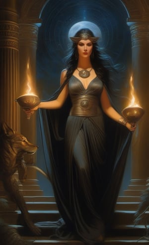 Hecate is a goddess in ancient Greek religion and mythology,art by  Ane stokes,Donato Giancola, James Paick, , holding a pair of torches, a key, snakes, or accompanied by dogsShe is variously associated with, entrance-ways, night, light, magic, extremely sensual, the Moon, knowledge of herbs and poisonous plants,  hyperrealistic, alluring, sinful, erotic, extremely detailed, masterpiece, unique, excellent, mesmeric, elegant, delightful, dazzling, captivating, pretty, classy, delicate, voluptuous, graceful, trendy, sublime, enchanting