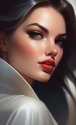 Close up wonderful woman, erotic sin, by artgerm and Martina Fačková, highly detailed, art by Stanley Artgerm, Charlie Bowater, Atey Ghailan and Jay Anacleto, by Jeff Dekal oil painting, heavy strokes, paint dripping, classy, delicate, voluptuous, graceful, trendy, sublime, enchanting