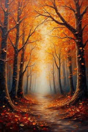 autumn fantasy oil painting on dry canvas with
bold brushstrokes and ultra intricate
details, including elements of nature like trees or
leaves, with texture impasto style