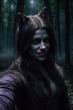 (medium shot), ((a werewolf taking selfie)), smiling, in the dark forest, long sharp dirty fingernails, fog, eerie vibe, hyperdetailed painting, complex, portrait, 4k resolution, concept art by Greg Rutkowski, Artgerm, WLOP, Alphonse Mucha, dynamic lighting, volumetric lighting, triadic colors, DeviantArt, trending on Artstation, Unreal Engine 5