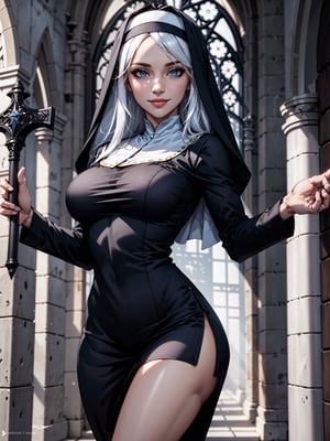 ultra realistic 8k cg, masterpiece, ultra detailed background, delicate pattern, intricate detail, standing, formal, smile, nun, very long hair, white hair, looking at viewer, large breasts, black clothes, PERFECT FACE, SEXY FACE, PERFECT BODY, Cologne Cathedral, perfect hands, detailed fingers, beautiful detailed eyes, perfect eyes, seductive eyes, looking at the viewer, from front, 1girl, melee_weapons, 1spear, holding_weapon,perfect,hand,3D