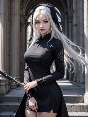 ultra realistic 8k cg, masterpiece, ultra detailed background, delicate pattern, intricate detail, standing, formal, smile, nun, very long hair, white hair, looking at viewer, large breasts, black clothes, PERFECT FACE, SEXY FACE, PERFECT BODY, Cologne Cathedral, perfect hands, detailed fingers, beautiful detailed eyes, perfect eyes, seductive eyes, looking at the viewer, from front, 1girl, melee_weapons, 1spear, holding_weapon,perfect,hand,3D