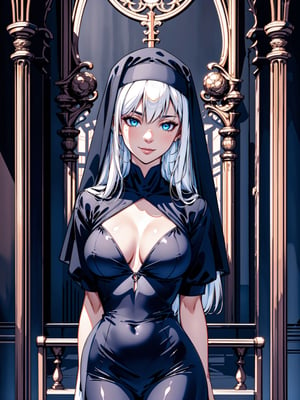 ultra realistic 8k cg, masterpiece, ultra detailed background, delicate pattern, intricate detail, standing, formal, smile, nun, very long hair, white hair, looking at viewer, large breasts, black clothes, PERFECT FACE, SEXY FACE, PERFECT BODY, Cologne Cathedral, perfect hands, detailed fingers, beautiful detailed eyes, perfect eyes, seductive eyes, looking at the viewer, from front, 1girl, melee_weapons, 1spear, holding_weapon,perfect,hand,