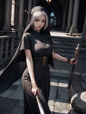 ultra realistic 8k cg, masterpiece, ultra detailed background, delicate pattern, intricate detail, standing, formal, smile, nun, very long hair, white hair, looking at viewer, large breasts, black clothes, PERFECT FACE, SEXY FACE, PERFECT BODY, Cologne Cathedral, perfect hands, detailed fingers, beautiful detailed eyes, perfect eyes, seductive eyes, looking at the viewer, from front, 1girl, melee_weapons, 1spear, holding_weapon,perfect,hand,3D