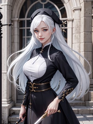 ultra realistic 8k cg, masterpiece, ultra detailed background, delicate pattern, intricate detail, standing, formal, smile, nun, very long hair, white hair, looking at viewer, large breasts, black clothes, PERFECT FACE, SEXY FACE, PERFECT BODY, Cologne Cathedral, perfect hands, detailed fingers, beautiful detailed eyes, perfect eyes, seductive eyes, looking at the viewer, from front, 1girl, melee_weapons, 1spear, holding_weapon,perfect,hand,