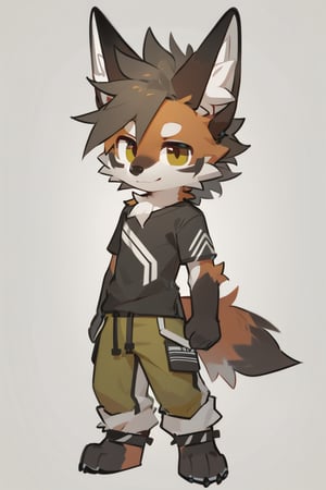 digital drawing,furry,maned wolf,male,long ears,furry hair,chibi,style,fluff kevlar style,black t-shirt and green pants,white background