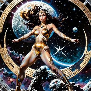 Realistic 16K resolution golden tone photography of 1 girl, wearing intricate high-tech bodysuit covering her entire body with biomechanical style, intricate mechanical details, glowing cybernetic enhancements,, battle pose, in outer space, in front of moon deity and nebulae, space station,
break, 
1 girl, full body shot, Exquisitely perfect symmetric very gorgeous face, Exquisite delicate crystal clear skin, Detailed beautiful delicate eyes, perfect slim body shape, slender and beautiful fingers, legs, perfect hands, legs, illuminated by film grain, realistic style, realistic skin texture, dramatic lighting, soft lighting, exaggerated perspective of ((Wide-angle lens depth)), Fantasy, extreme detail description, frank frazetta style, 80s fantasy movie style,