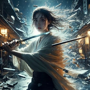 Realistic 8K resolution photo of 1 girl waving sword in night market, destroyed debris floating in space station. Air flow, water flow, lighting, vortexing aura are surrounding her, displaying exaggerated posture and movement, medium length hair, braid hair, silver hair,  Exquisitely perfect symmetric very gorgeous face,  perfect breasts,  Exquisite delicate crystal clear skin,  Detailed beautiful delicate eyes, perfect slim body shape, slender and beautiful fingers:0.9,nice hands, perfect hands, perfect pussy, illuminated by film grain, Film photo style, realistic skin, Rough skin, lens flare,DisintegrationEffect,SD 1.5