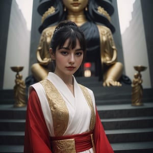 Realistic 8K resolution photography of multiple exposure photography featuring red and white silks with extreme motion blur and twisted speed lines,  A girl wearing fashionable outfit in front of intricately detailed black and gold Ksitigarbha Bodhisattva statue, in deep mountain. 
break, 
1 girl, Exquisitely perfect symmetric very gorgeous face, perfect breasts, Exquisite delicate crystal clear skin, Detailed beautiful delicate eyes, perfect slim body shape, slender and beautiful fingers, nice hands, perfect hands, perfect pussy, illuminated by film grain, Film photo style, realistic skin, fish-eye lens, lens flare,More Detail, exaggerated perspective of fisheye lens depth,REALISTIC