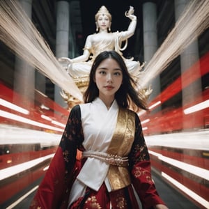 Realistic 8K resolution photography of multiple exposure photography featuring red and white silks with extreme motion blur and twisted speed lines,  A girl wearing fashionable outfit in front of intricately detailed black and gold Ksitigarbha Bodhisattva statue, in deep mountain. 
break, 
1 girl, Exquisitely perfect symmetric very gorgeous face, perfect breasts, Exquisite delicate crystal clear skin, Detailed beautiful delicate eyes, perfect slim body shape, slender and beautiful fingers, nice hands, perfect hands, perfect pussy, illuminated by film grain, Film photo style, realistic skin, fish-eye lens, lens flare,More Detail, exaggerated perspective of fisheye lens depth,REALISTIC