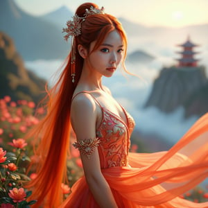 ((Realistic 16K resolution, RAW, extreme detail description)) photography of A beautiful Chinese woman with mesmerizing bright blue eyes and long, sleek orange hair cascading gracefully down her back. Her skin glistens with a radiant shimmering sheen, reminiscent of polished marble. She exudes elegance and confidence, dressed in a flowing garment inspired by traditional Chinese fashion, with colors mirroring the vibrant hues of a tropical sunset. She stands proudly amid a fantastical landscape featuring a majestic Mount Tai, surrounded by wispy, ethereal clouds and vivid flora, creating a serene and enchanting atmosphere.\nbreak, \n1girl, Exquisitely perfect symmetric very gorgeous face, Exquisite delicate crystal clear skin, Detailed beautiful delicate eyes, perfect slim body shape, slender and beautiful fingers, legs, perfect hands, legs, illuminated by film grain, realistic style, realistic skin texture, dramatic lighting, soft lighting, exaggerated perspective of Wide-angle lens depth,