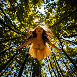 first-person perspective Realistic 16K photography, upward through the dense, towering canopy of trees. Sunlight filters through the vibrant green leaves, casting dappled shadows on the forest floor below. 1girl floating from the sky, airflow cut through the clouds. water droplets shimmer in the sunlight, reflecting hues of gold and bronze,
break,
1 girl, Exquisitely perfect symmetric very gorgeous face,  perfect breasts,  Exquisite delicate crystal clear skin,  Detailed beautiful delicate eyes, perfect slim body shape, nice hands, perfect hands, fashionable outfit, illuminated by film grain, realistic skin, dramatic lighting, soft lighting,((wide angle lens depth)), Extremely details,