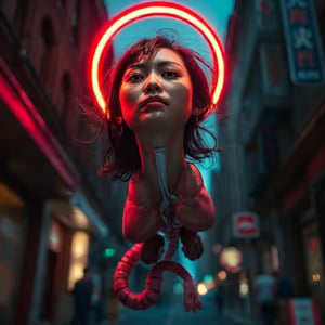 ((Realistic 8K resolution, RAW, extreme detail description)) taken from the bottom up, at ground level photography of full body shot of a young, attractive Asian woman floats in the air, her face surrounded by a glowing halo of red neon lights. There are no bones under her neck, but instead a series of realistic organs, including a spleen, pancreas, kidneys, liver, intestines and extended intestinal structures. dark theme, at city street, near beach.illuminated by film grain, realistic style, realistic skin texture, dramatic lighting, soft lighting, exaggerated perspective of ((Wide-angle lens depth)),