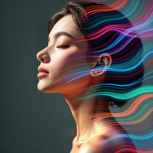 ((Realistic 16K resolution, RAW, extreme detail description)) photography of a peaceful woman with her eyes closed, blending in a double exposure with vibrant, flowing abstract lines. The lines curve in wavy patterns with a rainbow gradient, transitioning through shades of red, orange, yellow, green, blue, and violet. The background is dark and neutral, making the colorful lines stand out. The abstract patterns merge seamlessly with the woman’s serene face, symbolizing a balance between tranquility, ethereal and vibrant energy.\nbreak, \n1girl, Exquisitely perfect symmetric very gorgeous face, Exquisite delicate crystal clear skin, Detailed beautiful delicate eyes, perfect slim body shape, slender and beautiful fingers, legs, perfect hands, legs, illuminated by film grain, realistic style, realistic skin texture, dramatic lighting, soft lighting, exaggerated perspective of Wide-angle lens depth,