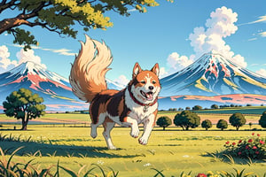 A Cinematic Scene, ((point of view photoshot)), magazine cover, beautiful, one japanese akita dog, running in the open field, green space in the background, tight dress, directed by Hayao Miyazaki, Zenith_aiwaifu, animals in the background, dogs, fullbody view, head to toe