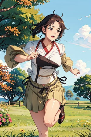 A Cinematic Scene, ((point of view photoshot)), magazine cover, beautiful, japanese akita dog, running in the open field, green space in the background, directed by Hayao Miyazaki, Zenith_aiwaifu