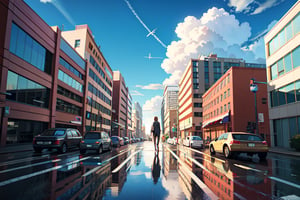 1person walking towards the light in the morning, life new beginning, lofi anime, lofi, building, car, city, cityscape, cloud, cloudy sky, from behind, ground vehicle, lofi style, motor vehicle, outdoors, reflection, road, scenery, sign, sky, solo, standing, street, traffic light, water splash