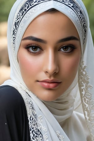 top-quality,Beautiful detailed hijabi,Bewitching face,long lashes,,Hide your mouth with a lace cloth,Detailed details,Colossal ,sideboobs,stares at the camera,nsfw.naked