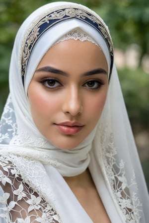 top-quality,Beautiful detailed hijabi,Bewitching face,long lashes,,Hide your mouth with a lace cloth,Detailed details,Colossal ,sideboobs,stares at the camera,nsfw.naked